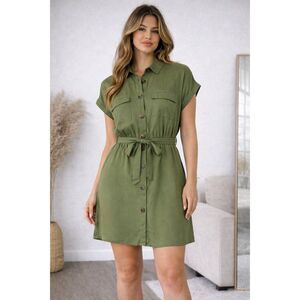 NWT Indulge Olive Green Button Front Shirt Dress Belt Short Sleeve Mini Sz S